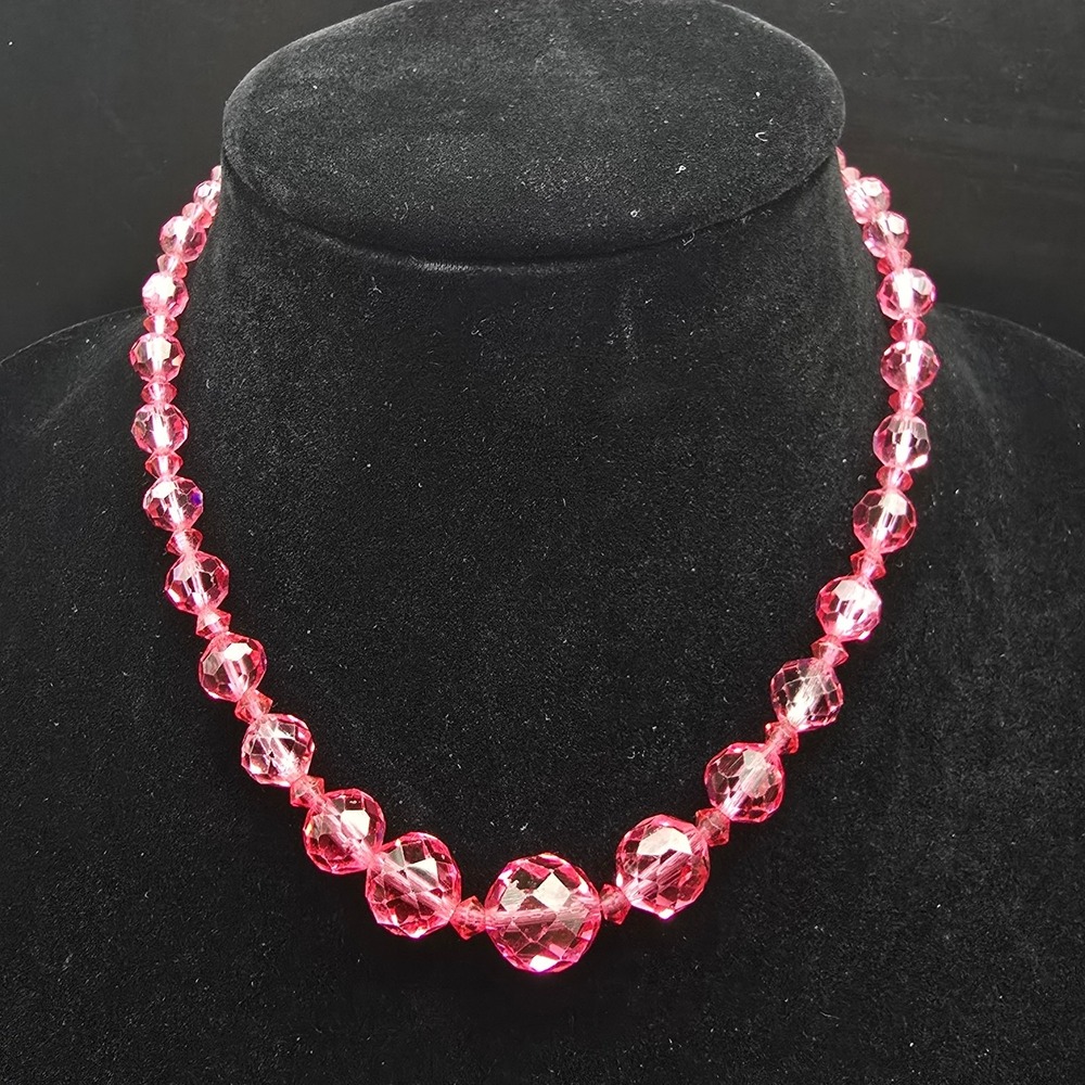Cranberry Glass Beaded Necklace on Chain Vintage Costume Jewelry